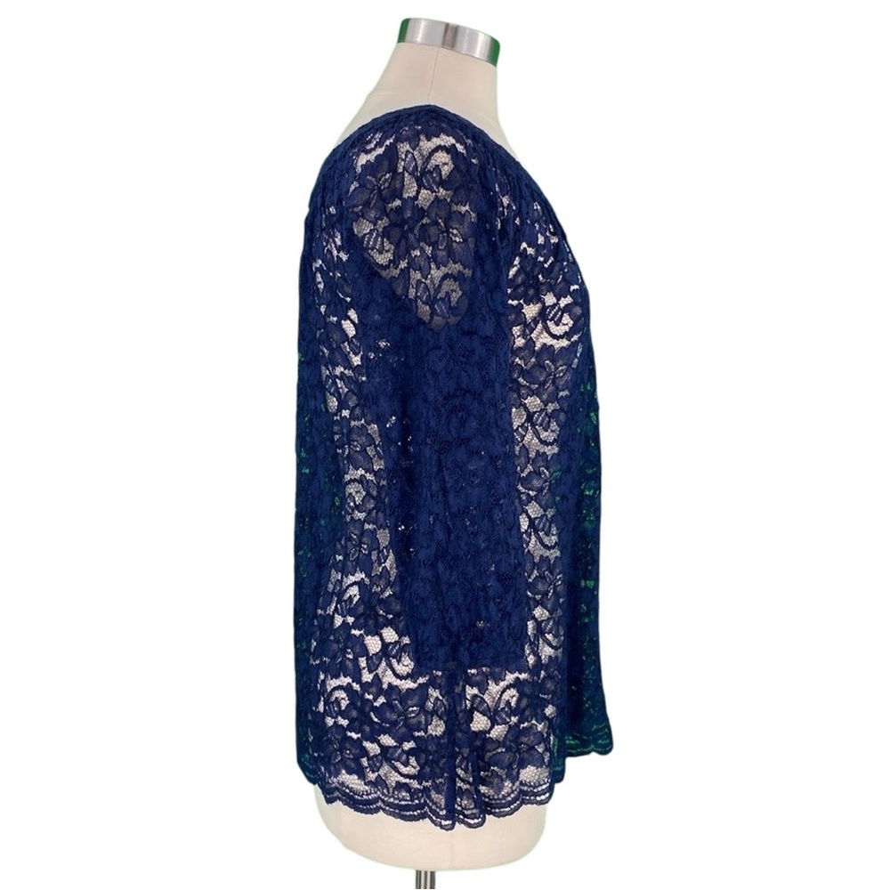 Diane Von Furstenberg DVF Elisabetta Navy Blue Sheer Floral Lace Dressy Blouse - Picture 4 of 16